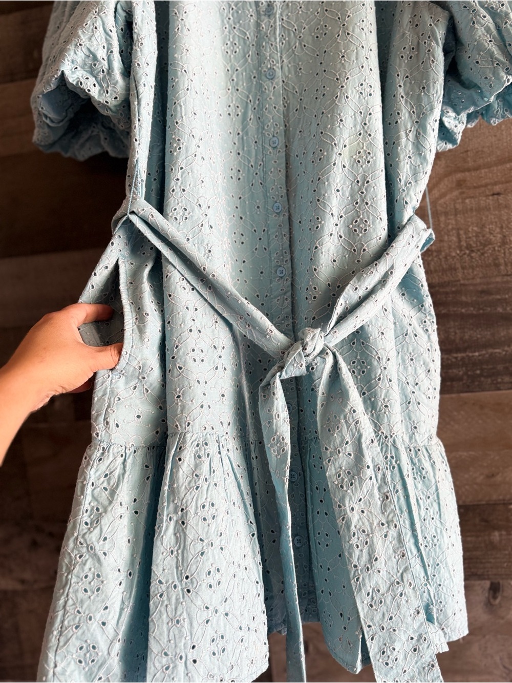 Light Blue Eyelet Shirt Mini Dress with Tie Waist - Picture 6 of 12